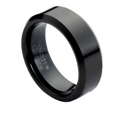 Black Tungsten Carbide Ring, High Polish Black Enamel Plated Beveled Edge 8mm