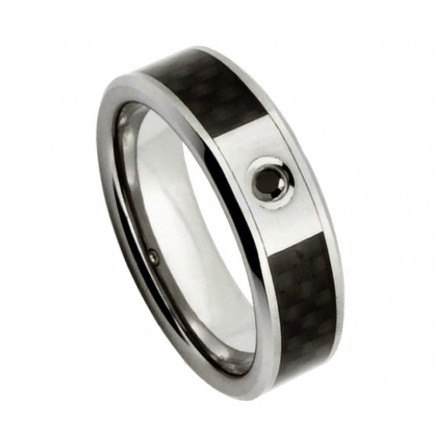 Tungsten Carbide Ring With 0.04ct Black Diamond Center Stone With Black Carbon Fiber Inlay 6mm