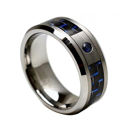 Tungsten Carbide Ring With 0.04ct Blue Sapphire Center Stone With Blue & Black Carbon Fiber Inlay 8mm